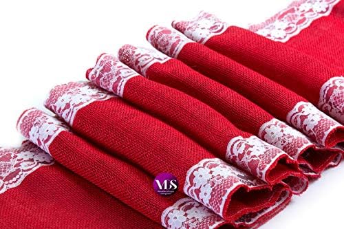 VDS Pack of 5, Burlap Table Runner with White Lace Edge, 100% Natural Jute Rustic Hessian Table Cloth Centerpiece for Wedding Birthday Party Banquet Table Decoration (Size 12X108 Inch)(Red) - Image 2