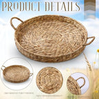 Round Woven Hyacinth Serving Tray with Handles Rattan Decorative Storage Basket for Fruit Arts Crafts Breakfast Coffee Table Dining, 1.97 x 21.65 Inches - Image 3