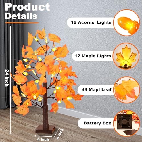 2 Pack 24 Inch Lighted Maple Trees with 48 LEDs & Timer, Fall Decorations for Home, Battery Operated Artificial Autumn Tabletop Tree with Acorns Maple, Indoor Fall Decor Thanksgiving Table Centerpiece - Image 3