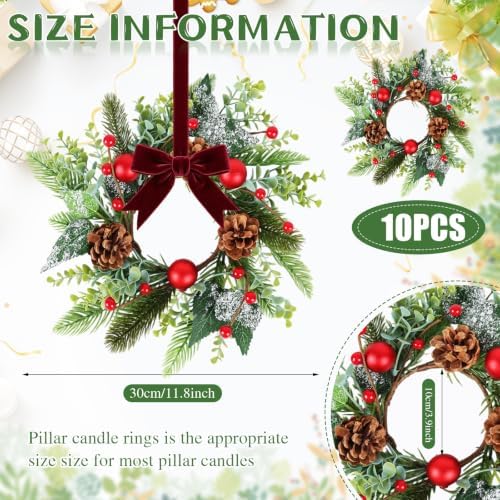 10 PCS Mini Christmas Wreaths for Cabinets 9" Christmas Kitchen Cabinet Small Wreaths with Red Ball Red Berry Pine Needles for Indoor Outdoor Farmhouse Home Wall Window Festival Wedding Decor - Image 3