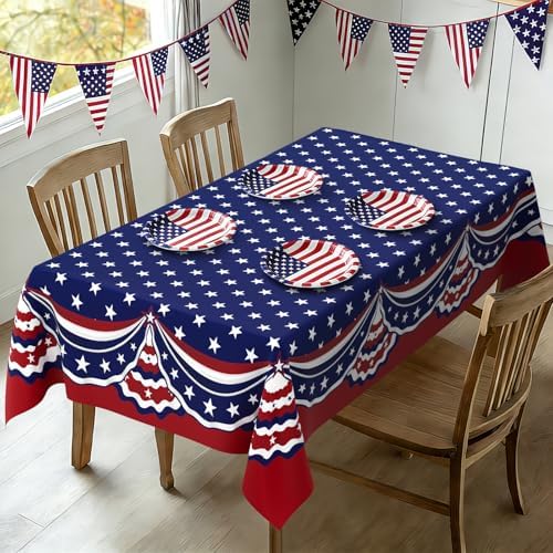 Rectangle 4th of July Tablecloth 60x102 Inch, Patriotic Red White and Blue Table Cloth, Polyester Waterproof Wrinkle Resistant Independence Day Table Cover for Memorial Day Decorations Decor - Image 3