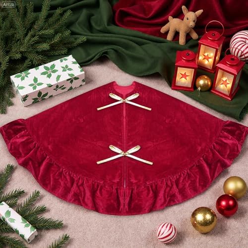 48 Inches Velvet Christmas Tree Skirt Decorations Red Wine Luxury Xmas Fur Plush Skirts for Merry Christmas Party Rustic Vintage Holiday Home Winter - Image 3
