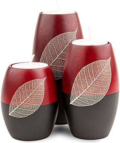 IYARA CRAFT 3 Wooden Candle Holders Decorative Candle Holders with Beauty Decor Dry Leaf – Intricate Details – Matte Wood Finish – Ideal for Modern & Rustic Settings 2 Tones, red, Black (Rugby Shape) by IYARACRAFT