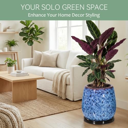 10.3 Inch Ceramic Glaze Plant Pot with Saucer, Flower Pots with Drainage Hole Mesh Net (Blue) - Image 2