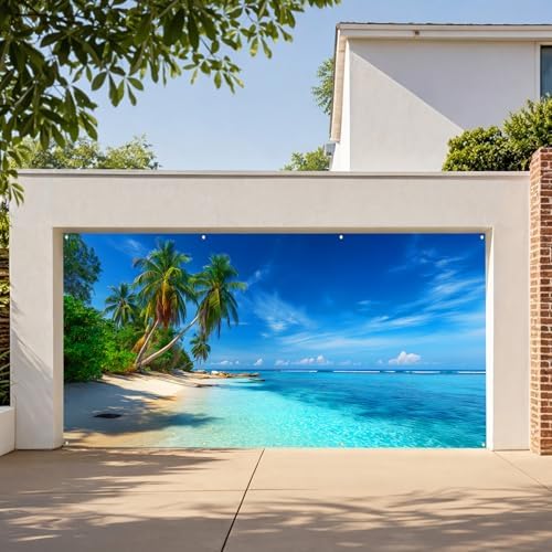 Garage Door Cover Banner, 6x13 ft Summer-Themed Seaside Landscape, Large Indoor/Outdoor Wall Decoration (Azure Beach) - Image 3