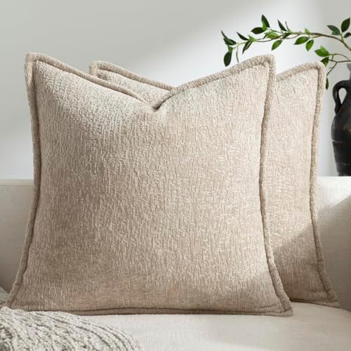 DEZENE Pack of 2 Tan Euro Shams Pillow Covers 26x26 Cozy Soft Chenille Decorative Throw Pillow Covers Accent Vintage Square Couch Pillow Covers for Home Decor Bed Sofa Living Room by DEZENE