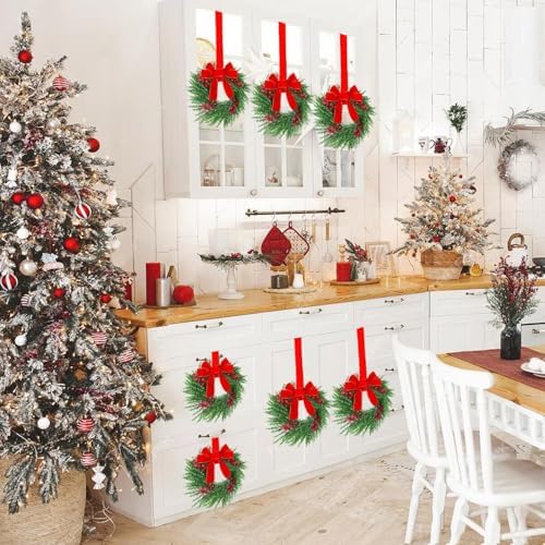 YoleShy 6 Pcs Small Christmas Wreath 12'' Mini Wreaths for Kitchen Cabinet Wreaths with Berry & Red Velvet Bow Ribbon Window Wreath Christmas Xmas Farmhouse Decoration for Front Door Chair Wall - Image 4