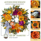 24 Inch Artificial Fall Wreaths for Front Door Outside with Striped Bow - Image 4