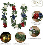 Valery Madelyn 9FT 4th of July Garland with Lights for Mantle, Red White Blue Patriotic Hydrangeas Garland Memorial Day Decorations with Eucalyptus Leaves Butterfly for USA 250th Anniversary Summer - Image 6