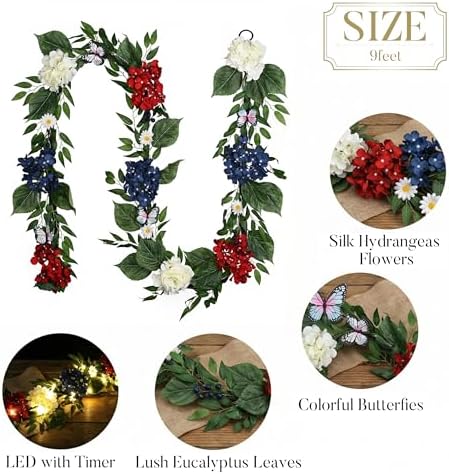 Valery Madelyn 9FT 4th of July Garland with Lights for Mantle, Red White Blue Patriotic Hydrangeas Garland Memorial Day Decorations with Eucalyptus Leaves Butterfly for USA 250th Anniversary Summer - Image 6