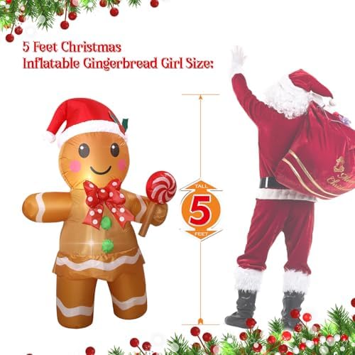 Christmas Inflatables Gingerbread Man Girl Lighted Yard Lawn Inflatable Decoration with Built-in Fan and Stakes Ropes Holiday Party Decor, Christmas Decor (5FT-Gingerbread Girl Holds Candy) - Image 4
