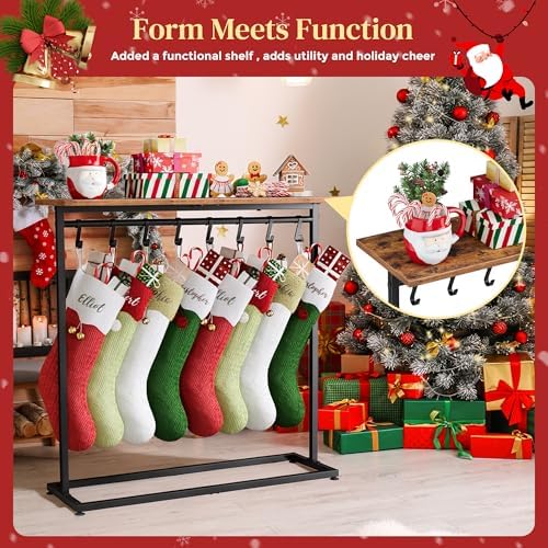 LAND·VOI 2-in-1 Woodtop Christmas Stocking Holder, Free Standing Display Shelf for Gifts & Treats, Stocking Stand with 8 Removable Hooks, Stable Base & Adjustable Feet, Black and Rustic - Image 7