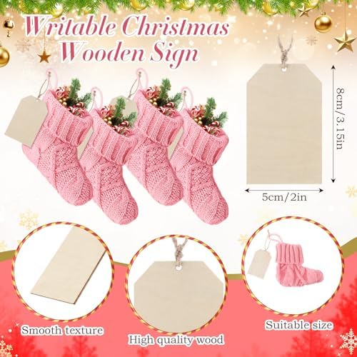 Suhine 36 Set Mini Christmas Knitted Stockings 6'' Neutral Christmas Stocking Rustic Modern Farmhouse Xmas Tree Decor with Wooden DIY Tags Gifts Bulk for Holiday Mantel Party Favor(Pink) - Image 3