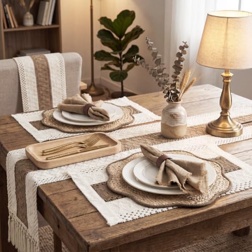 8 Set Boho Placemats with Table Runner, Scalloped Woven, Khaki - Image 5