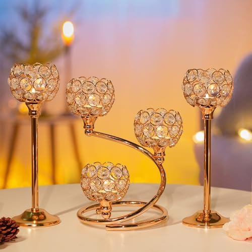 Gold Metal Crystal Candle Holder Set of 3 - Elegant 5-Arm Metal Tea Light Centerpiece with Shining Crystal Bowl, Wedding Anniversary Table Decor for Dining, Party - Image 6