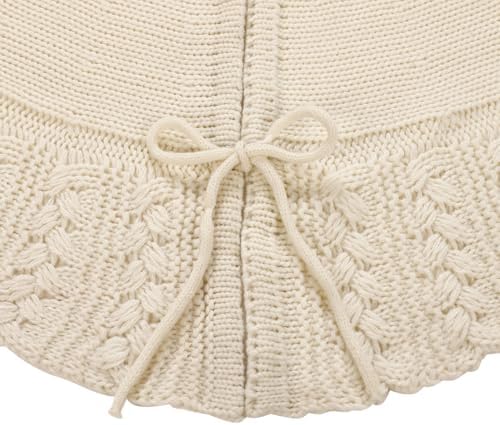 Ivory Knitted Christmas Tree Skirt, Cozy Cable Knit Design with Scalloped Edge and Ties, Rustic Farmhouse Holiday Décor for Christmas Tree Base(Ivory, 36") - Image 5