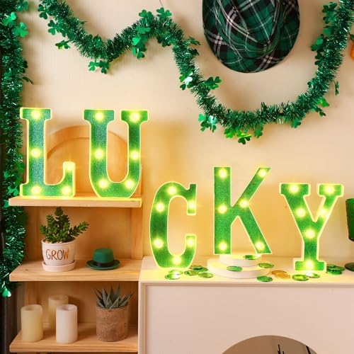 VIHOSE 5 Pcs St. Patrick's Day LED Letter Lights Sign Plastic Lucky Letters Light up Table Top Sign Irish Lucky Light up Room Decor Gifts for Home Decoration Bar Party Bedroom - Image 7