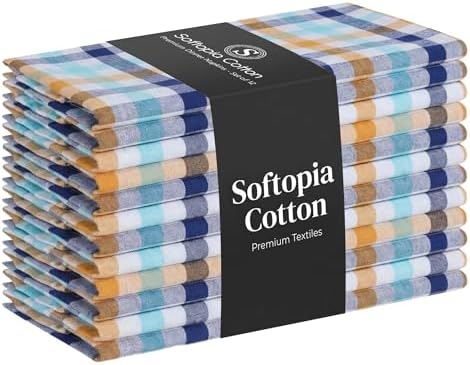 Gingham Plaid Cloth Napkins Set of 12, 18x18 Inches, Washable Reusable Table Linens for Hosting Guests, Dinner Party, and Seasonal Gatherings - Indigo Blue, Mustard Yellow, Aqua Blue by SoftopiaCotton