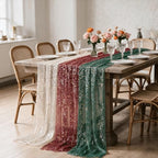 Artoid Mode 3PC Beige Red Green Gauze Table Runner 120 Inch 10FT, Glitter Metallic Foil Sheer for Wedding Anniversary Holiday Birthday Home Party Decor - Image 4