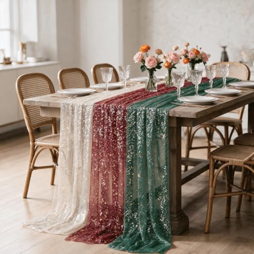 Artoid Mode 3PC Beige Red Green Gauze Table Runner 120 Inch 10FT, Glitter Metallic Foil Sheer for Wedding Anniversary Holiday Birthday Home Party Decor - Image 4