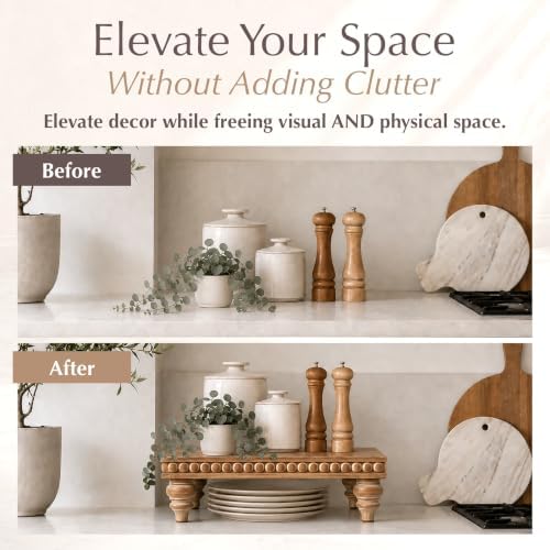 Felt Creative Home Goods Decorative Wood Risers for Decor | Tiered Tray Stand | Farmhouse Beaded Riser Stand for Decor | Wooden Pedestal Stand Large 12x16 Beaded Tray for Kitchen Coffee Bar (Brown) - Image 3