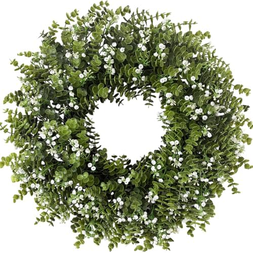 26" Large Eucalyptus Wreaths for Front Door,Spring Summer Fall Autumn Winter Wreaths,Boxwood Outdoor Wreath with Babys Breath for Porch, Wall,Home Decor- Spring Summer Fall Winter All Seasons by Ecerangus