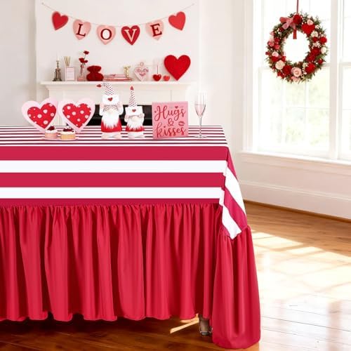 Fanqisi Ruffle Table Cloth Red and White Striped Tablecloth - 90 x 132 Inch Waterproof Tablecloths Rectangle Red Polyester Table Cover for Birthday Wedding Baby Shower Picnic Holiday Party Decoration - Image 2