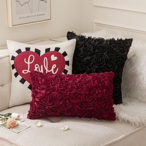 MIULEE Pack of 2 3D Decorative Romantic Stereo Chiffon Rose Flower Throw Pillow Cover Solid Square Pillowcase for Christmas Day Decoration Sofa Bedroom Car 12x20 Inch (30x50cm) Wine Red - Image 4