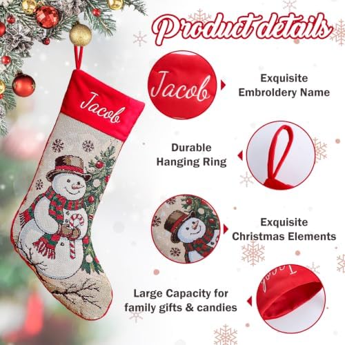 4 Pack Personalized Christmas Stockings, 18" Large Custom Embroidered Name Vintage Woven Stockings, Jacquard Reindeer,Snowman,Santa & Dog Designs, Family Holiday Fireplace Mantel Decor for Kids Adults - Image 3