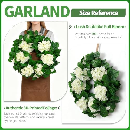 22" Hydrangea Wreath for Front Door – All-Season Wedding Décor with Lamb’s Ear Leaves & Hydrangea Blooms – Spring/Summer Farmhouse Style, Perfect Year-Round Decoration (White Hydrangea, Large) - Image 4