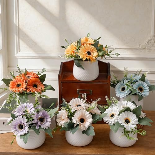 LUEUR Artificial Flowers with Ceramic Pot–6PCS Fake Sunflowers in Vase - Image 6