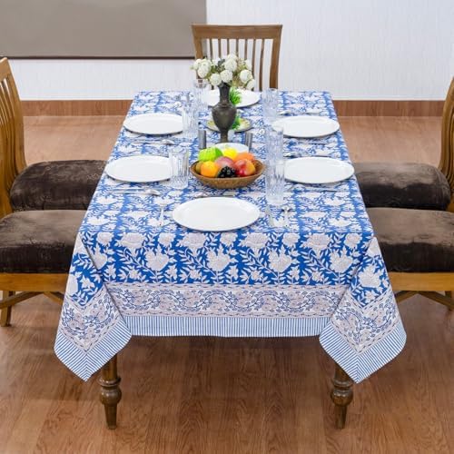Home Spun & Crafts 60x90 Inches Rectangle Hand Block Print Tablecloth, 100% Cotton, Blue Floral Table Cloths Washable, Traditional Indian for Dining Outdoor Thanksgiving Halloween Christmas - Image 3