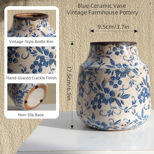 Blue and White Ceramic Vase, Decorative Pottery Flower Vase for Tulips, Vintage Crackle Glaze Vase for French Country, Chinoiserie & Cottage Farmhouse Shelf Mantel Table Decor - Image 6