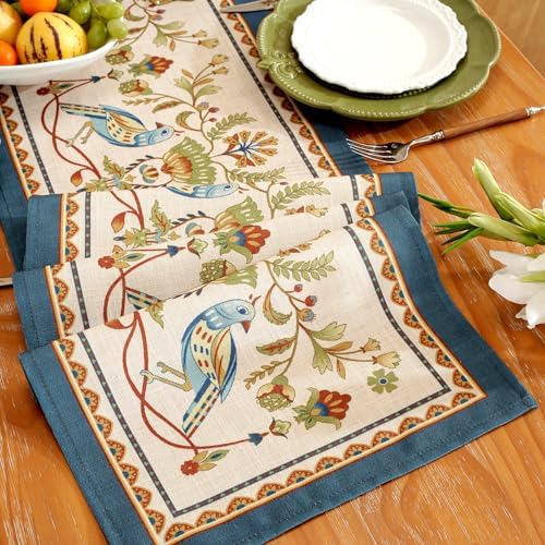 Laolitou Designer Vintage Blue Bird Linen Table Runner, Farmhouse Cottage Rustic Table Runners, Floral Pattern Table Mat, Decoration for Kitchen Dining and Coffee Tables Banquet Christmas 13x72 Inches by Laolitou