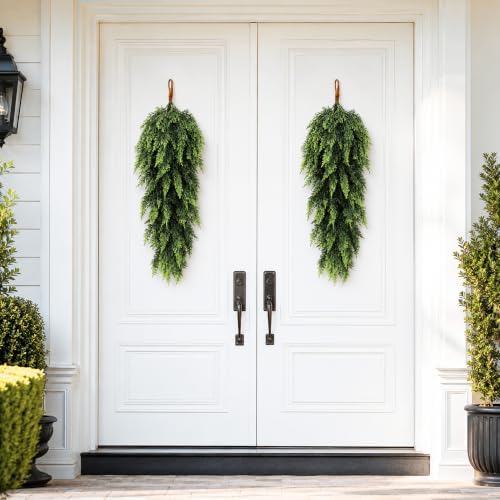 2 Pcs 32'' Artificial Christmas Teardrop Swag, Faux Greenery Door Swag - Image 4