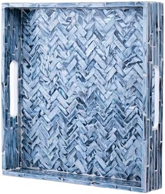 PEMAR Mother of Pearl Square Tray 12x12, Smoky Blue Herringbone Tray by PEMAR