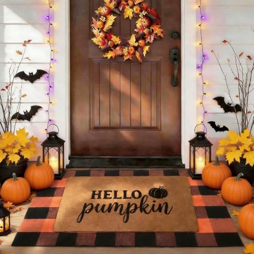 2 Pack Halloween Door Mat Set, Pumpkin Coir Mat & Orange Black Plaid Mat by PIXFAIRY
