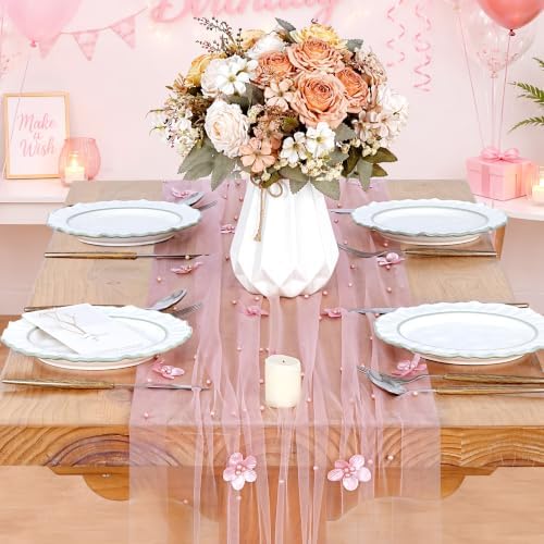 Fanqisi Dusty Rose Pearl Table Runner Floral Tulle Gauze Runner 10FT 4 Pack by Fanqisi