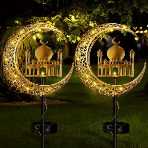 Tujoe 2 Pcs Eid Mubarak Solar Lights Eid Al Adha Outdoor Decorations Mubarak Star Moon Lights Solar Stakes Waterproof for Outdoor Decorations Garden Walkway Lawn Patio Yard(Muslim) by Tujoe