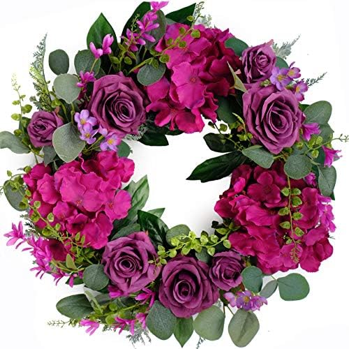 Artificial Purple Rose Wreaths 20 inches Front Door Wreath with Hydrangea Green Leaves Artificial Spring Wreaths Valentines Mother's Day Wreath for Wall Wedding Party Home Decor (Purple) by Bibelot
