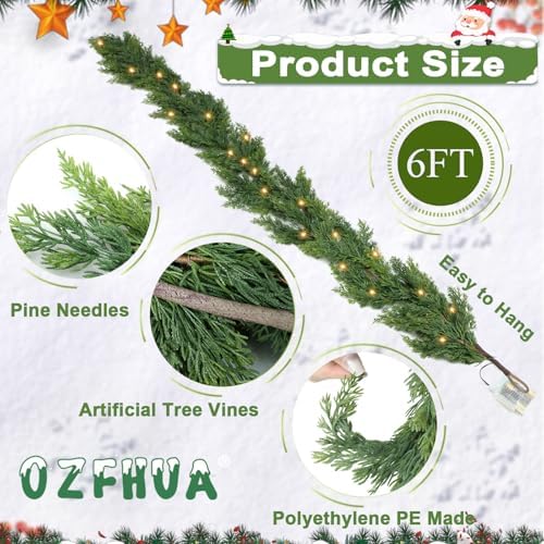 OZFHUA 6 FT Christmas Garland Pine Garland with Lights for Table Mantle Background Christmas Decorate Wall Room Outdoor Indoor Winter Decoration - Image 4
