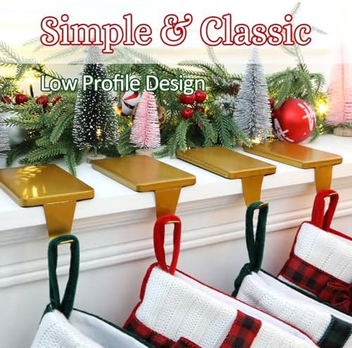 HMASYO Christmas Stocking Holders for Mantle Set of 4, Gold Heavy Duty Iron Stocking Hangers Base, Low Profile Weighted Stocking Holder Hooks for Fireplace Tabletop Shelf Christmas Decoration - Image 3