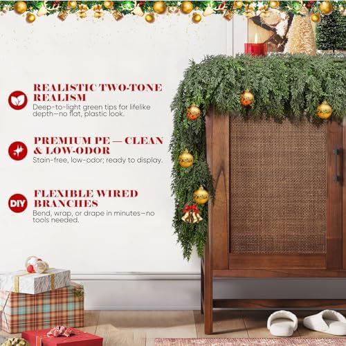 9FT Thick Christmas Garland with 240 Cedar Branches, Real Touch Green Cedar Garland for Christmas Decorations, Artificial Greenery Garland for Table, Mantle, Wall, Indoor, Outdoor Holiday Decor - Image 6