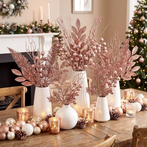 66 Pcs Christmas Glitter Picks and Sprays, Rose Gold - Image 6