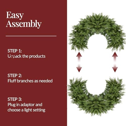 Best Choice Products Pre-Lit Cedar Cypress Christmas Wreath w/Twinkling LEDs, 48in Realistic Large Indoor/Outdoor Holiday Decor for Door, Plug-in - Image 7