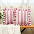 vctops Ruffle Square Throw Pillow Covers Boho Pink and Red Striped Decorative Pillowcases Set of 2, Soft Velvet Accent Cushion Cover Cases for Sofa Bed Living Room Decor (Pink Beige,18"x18") by vctops