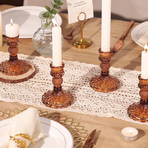 12Pcs Amber Candlestick Holders Set- 4" H Taper Candle Holders Bulk, Glass Candle Holders for Wedding, Party, Fall Dinner Table Centerpieces, Festival Gifts & Windowsill Decor - Image 4