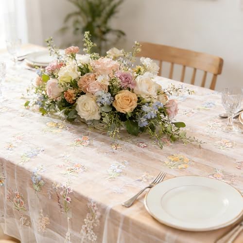 BINBE 12pcs Ivory Florals Table Runner Embroidery Gauze 10FT Daisy Seasonal Tulle Birthday Wedding Holiday Kitchen Dining Table Decor for Home Party - Image 5