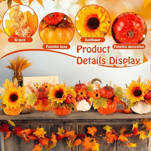 Set of 6 Mini Fall Pumpkin with Artificial Flower Decoration Autumn Thanksgiving Pumpkins Maple Sunflower Centerpieces for Table Harvest Fall Floral Decor Fireplace Mantle Living Home Kitchen Party - Image 5