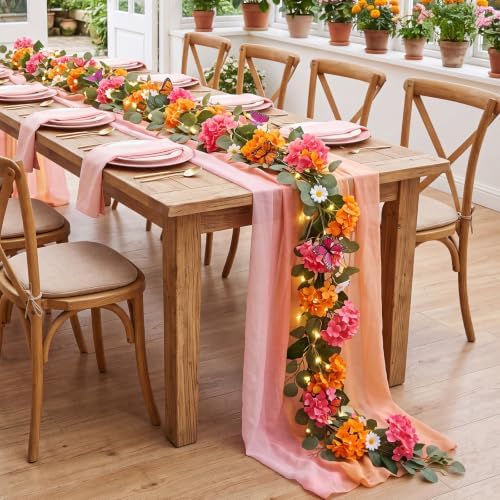 1 Pcs 6ft Artificial Hydrangea Floral Garland with Eucalyptus Leaves, Butterflies and Lights, Fake Flower Vines for Wedding Arch Wall Table Centerpiece Summer Party Decor (Pink and Orange) - Image 2